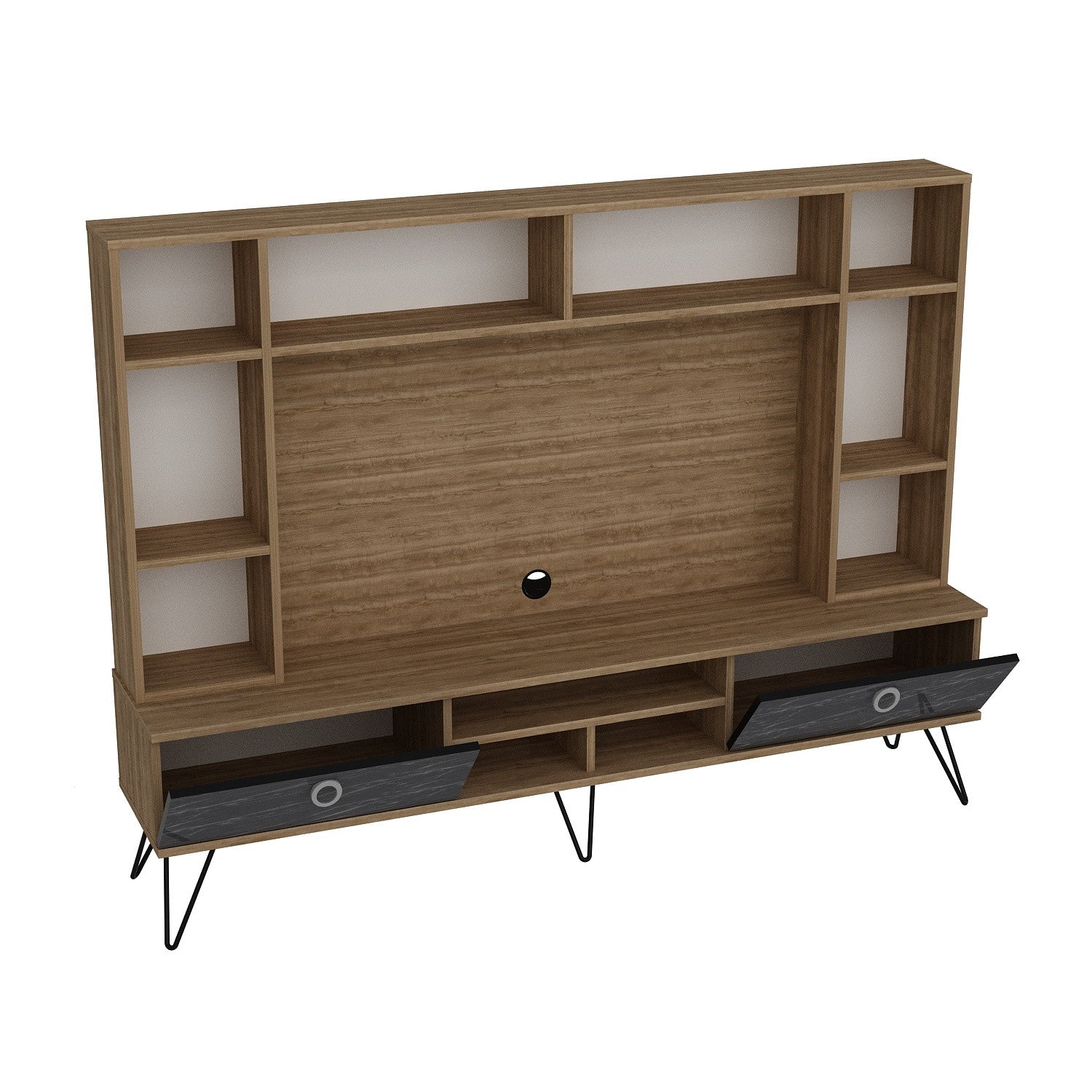 Móvel de TV moderno com pés de metal, nogueira e preto, 180 cm | 100% revestido em melamina, 2 gavetas, montável na parede, solução de armazenamento elegante para sala de estar