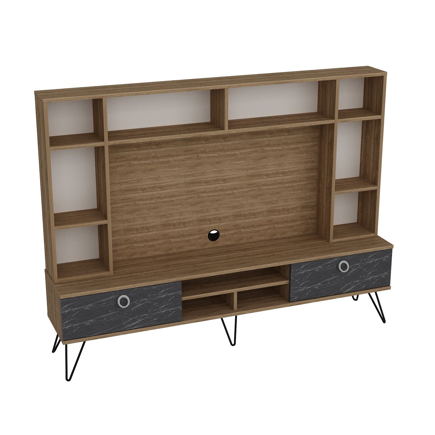 Móvel de TV moderno com pés de metal, nogueira e preto, 180 cm | 100% revestido em melamina, 2 gavetas, montável na parede, solução de armazenamento elegante para sala de estar