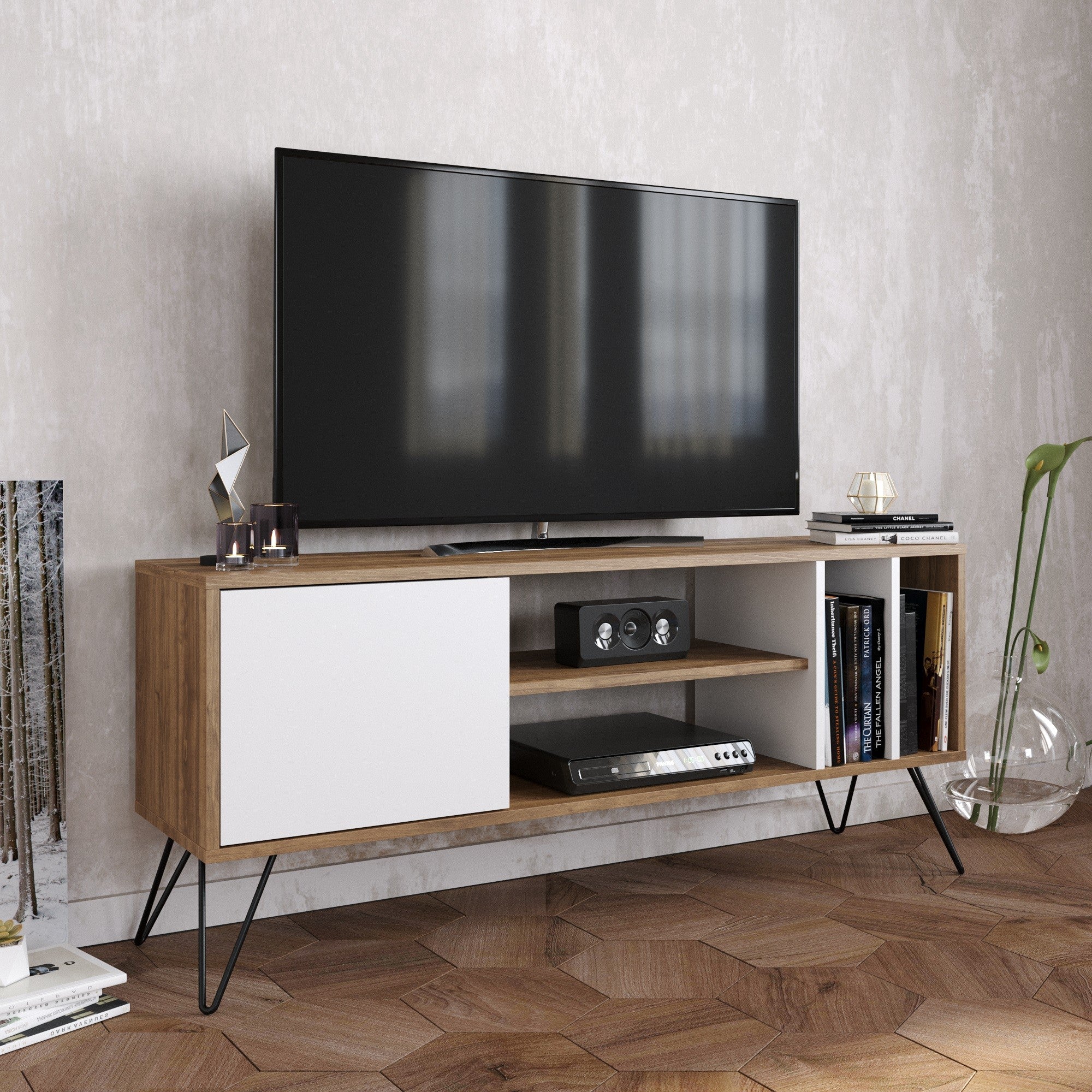 Suporte de TV moderno com pés de metal, nogueira e preto/branco, 140 cm | 100% revestido em melamina, 18 mm de espessura | Montável na parede, várias prateleiras, solução de armazenamento elegante