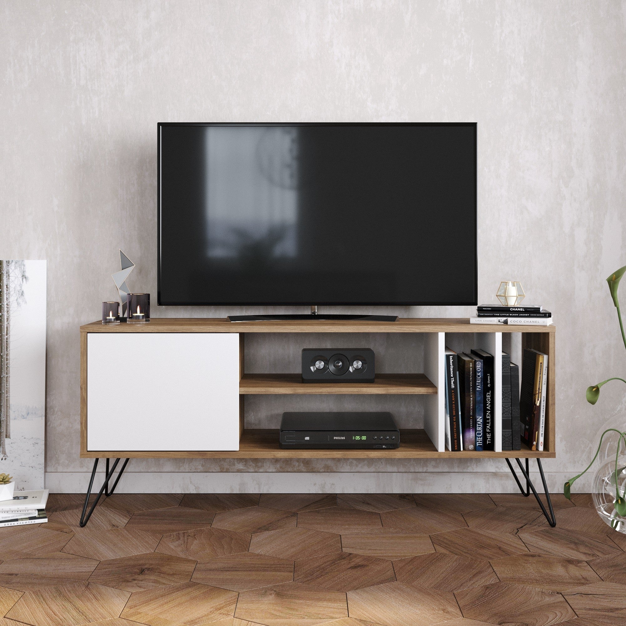 Suporte de TV moderno com pés de metal, nogueira e preto/branco, 140 cm | 100% revestido em melamina, 18 mm de espessura | Montável na parede, várias prateleiras, solução de armazenamento elegante