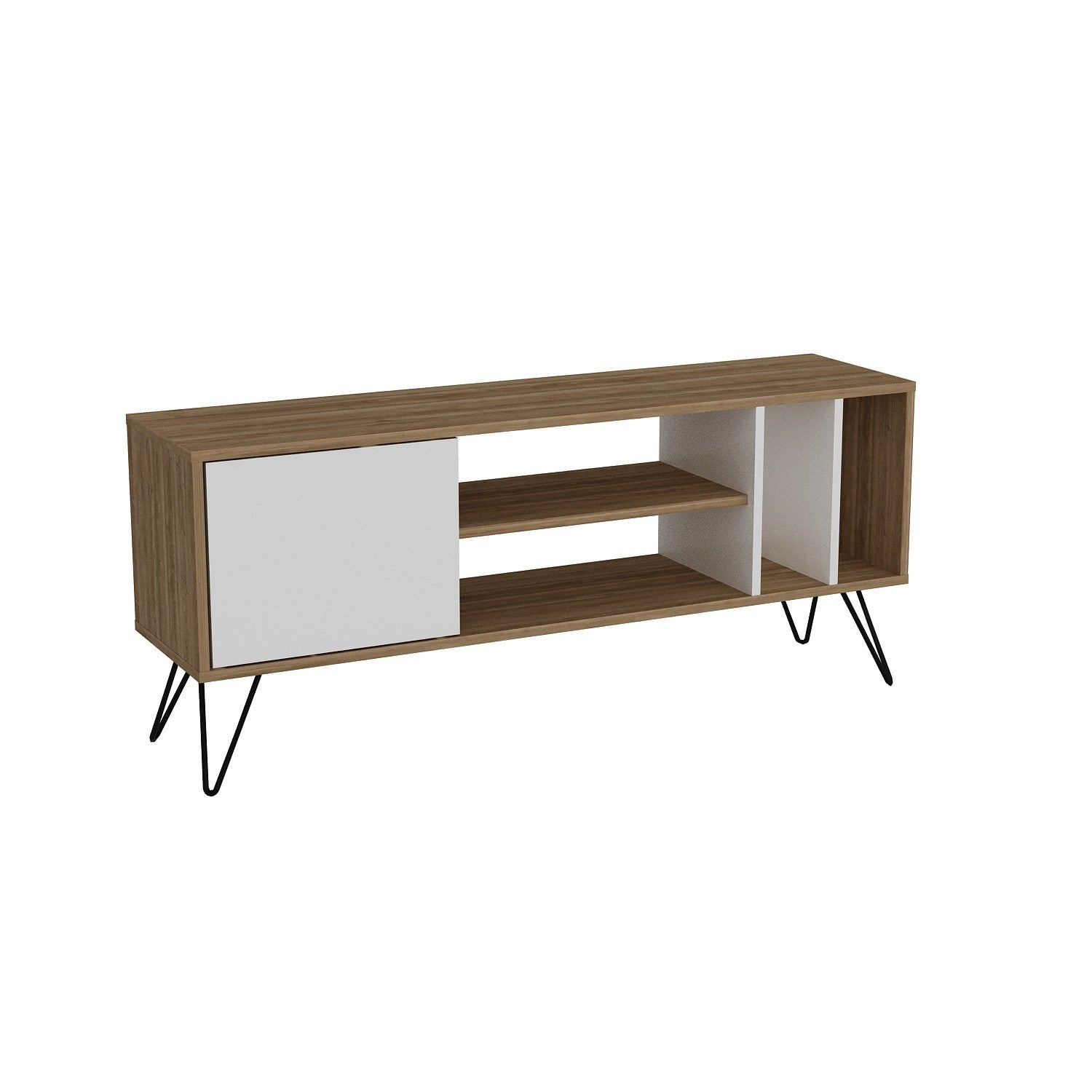 Suporte de TV moderno com pés de metal, nogueira e preto/branco, 140 cm | 100% revestido em melamina, 18 mm de espessura | Montável na parede, várias prateleiras, solução de armazenamento elegante