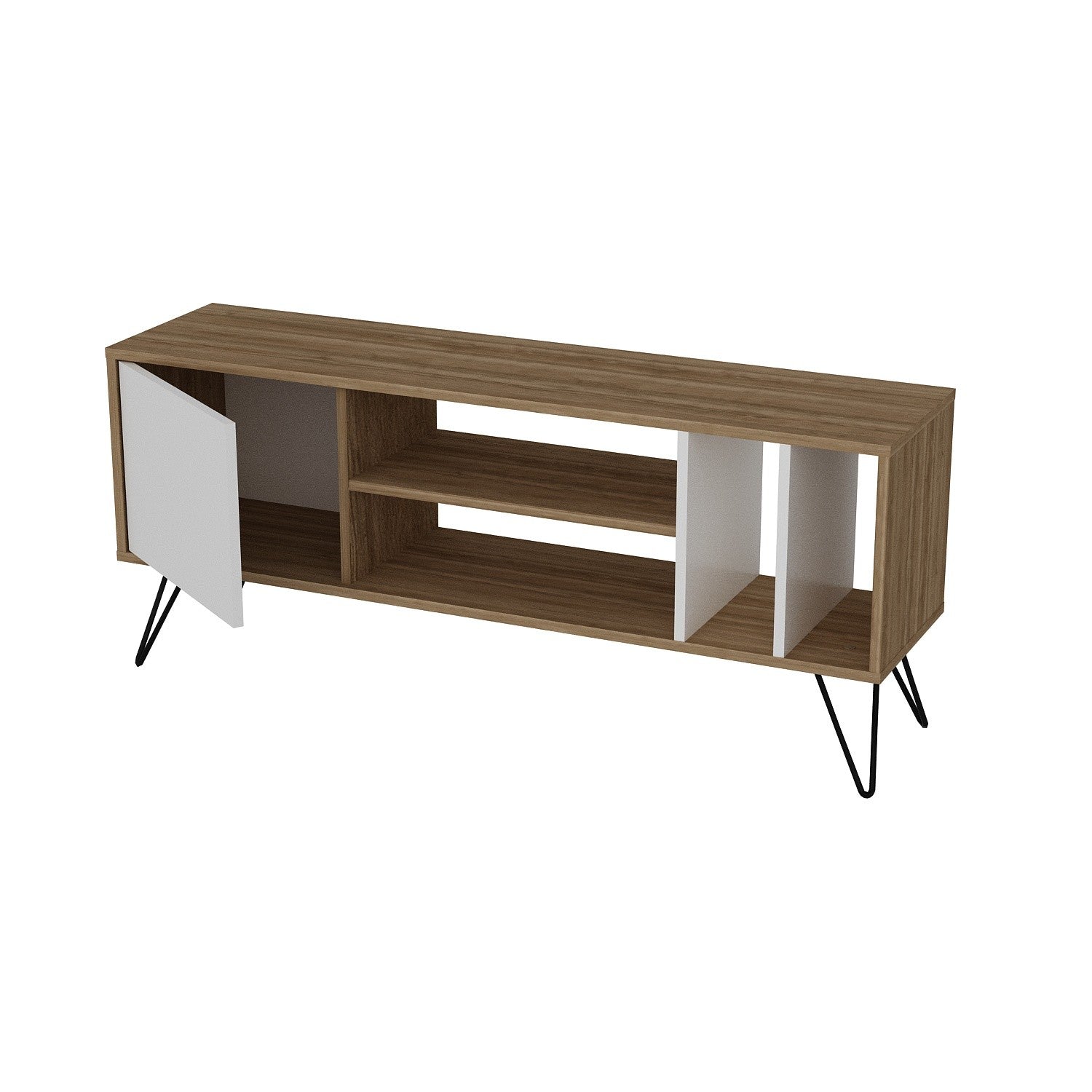 Suporte de TV moderno com pés de metal, nogueira e preto/branco, 140 cm | 100% revestido em melamina, 18 mm de espessura | Montável na parede, várias prateleiras, solução de armazenamento elegante