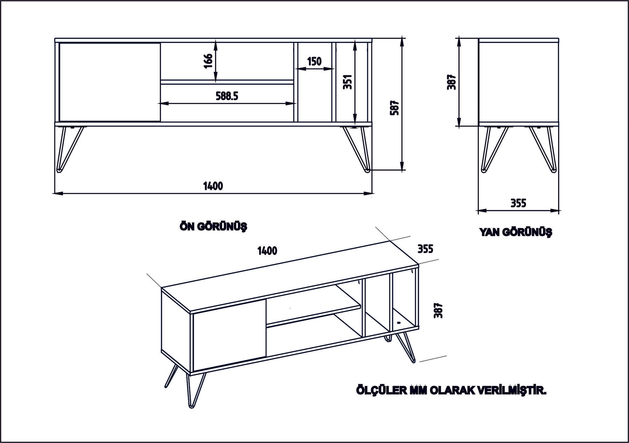 Suporte de TV moderno com pés de metal, nogueira e preto/branco, 140 cm | 100% revestido em melamina, 18 mm de espessura | Montável na parede, várias prateleiras, solução de armazenamento elegante