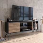 Suporte de TV moderno com pés de metal, nogueira e preto, 140 cm | Painel de partículas 100% revestido de melamina, 18 mm de espessura | Montável na parede, design elegante e funcional
