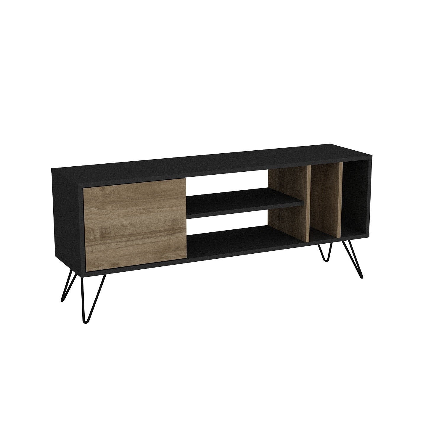 Suporte de TV moderno com pés de metal, nogueira e preto, 140 cm | Painel de partículas 100% revestido de melamina, 18 mm de espessura | Montável na parede, design elegante e funcional