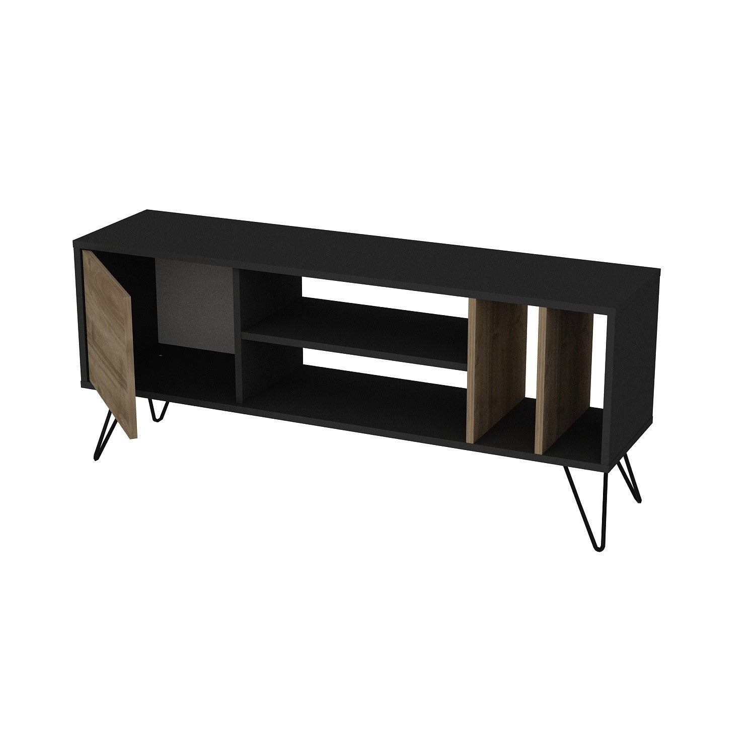 Suporte de TV moderno com pés de metal, nogueira e preto, 140 cm | Painel de partículas 100% revestido de melamina, 18 mm de espessura | Montável na parede, design elegante e funcional