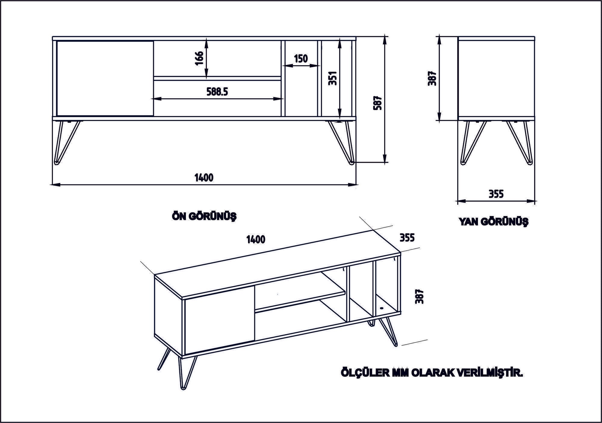Suporte de TV moderno com pés de metal, nogueira e preto, 140 cm | Painel de partículas 100% revestido de melamina, 18 mm de espessura | Montável na parede, design elegante e funcional