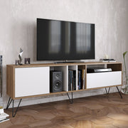 Suporte de TV moderno com pernas de metal, nogueira e preto/branco, 180 cm | 100% revestido em melamina, 18 mm de espessura | Montável na parede, várias prateleiras, solução de armazenamento elegante