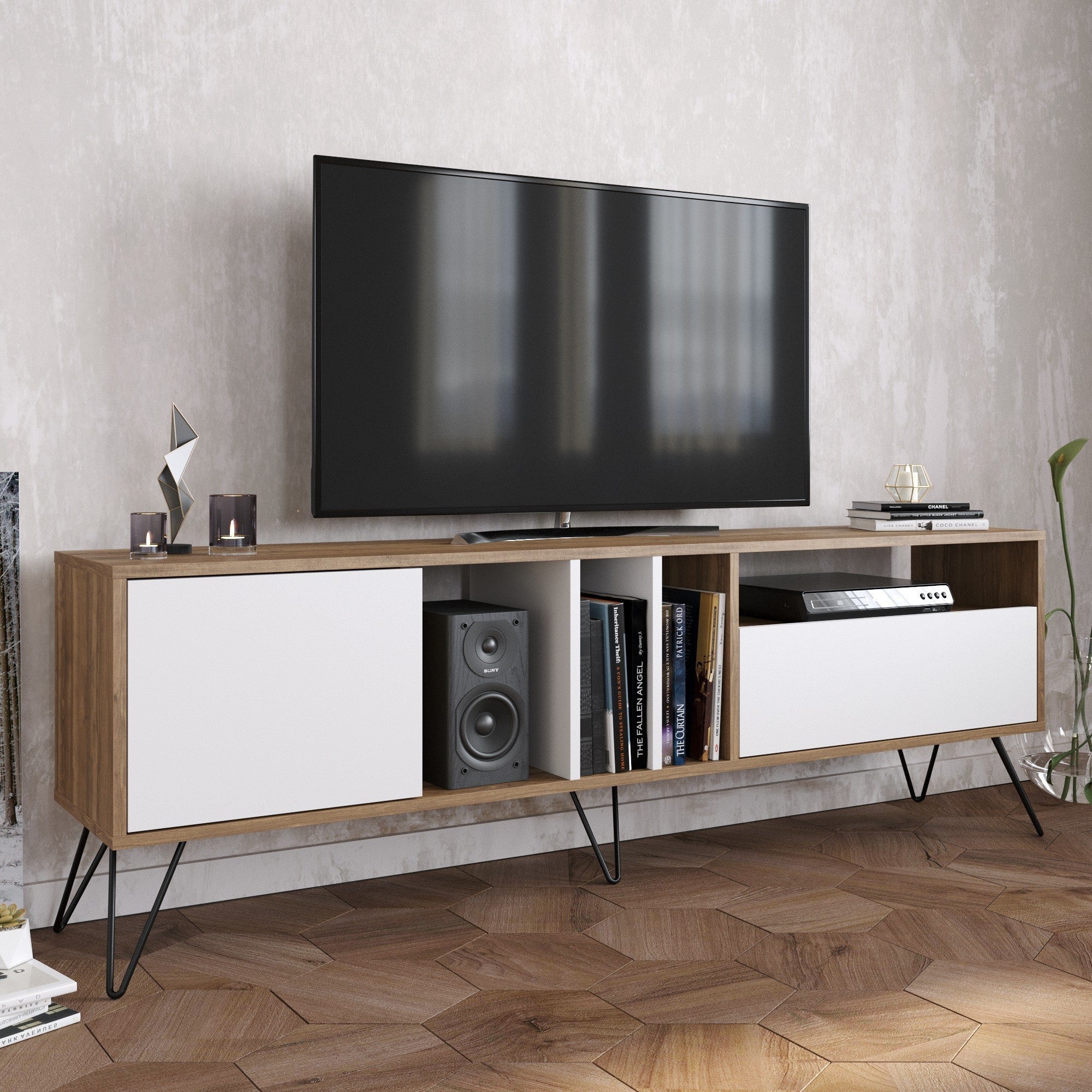 Suporte de TV moderno com pernas de metal, nogueira e preto/branco, 180 cm | 100% revestido em melamina, 18 mm de espessura | Montável na parede, várias prateleiras, solução de armazenamento elegante