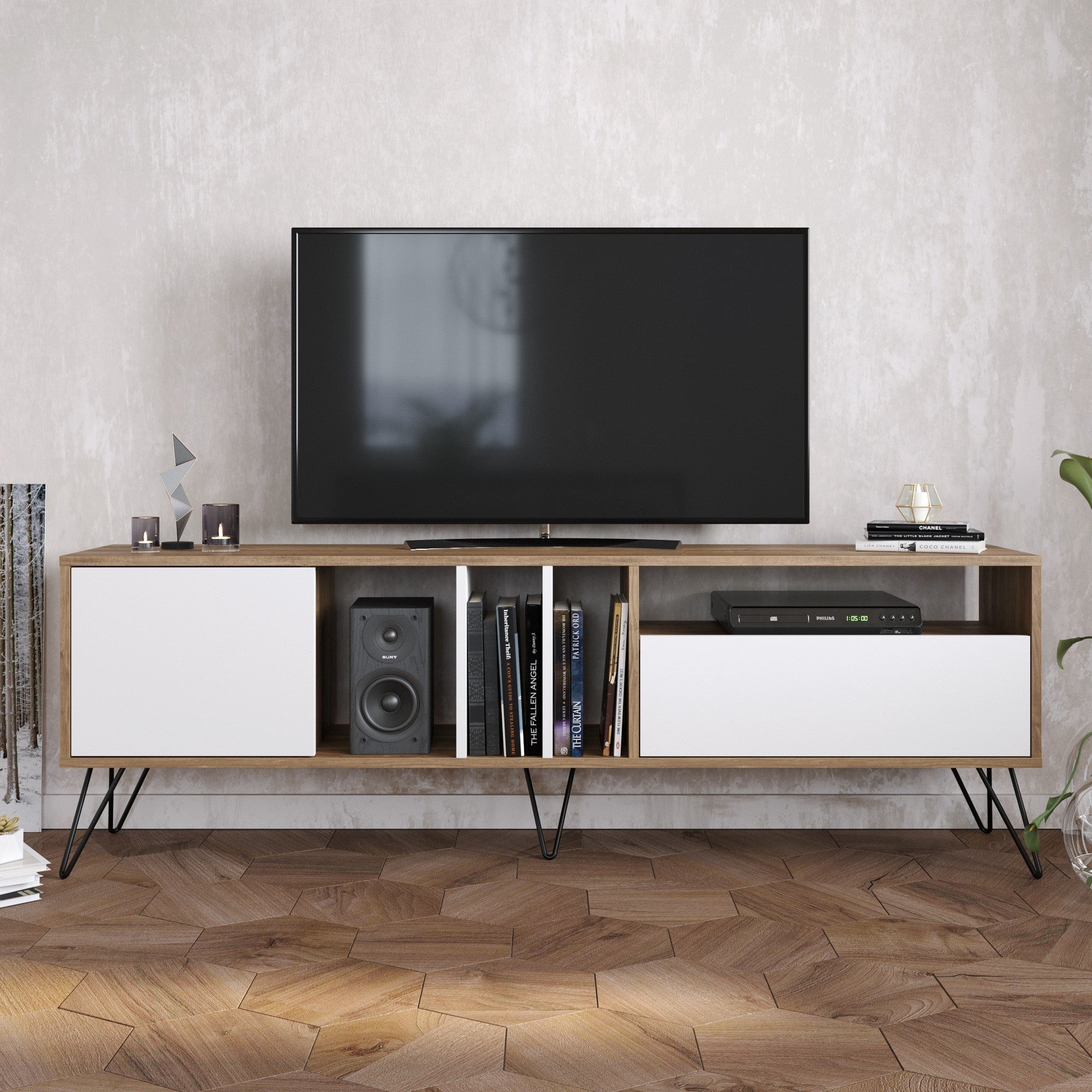Suporte de TV moderno com pernas de metal, nogueira e preto/branco, 180 cm | 100% revestido em melamina, 18 mm de espessura | Montável na parede, várias prateleiras, solução de armazenamento elegante