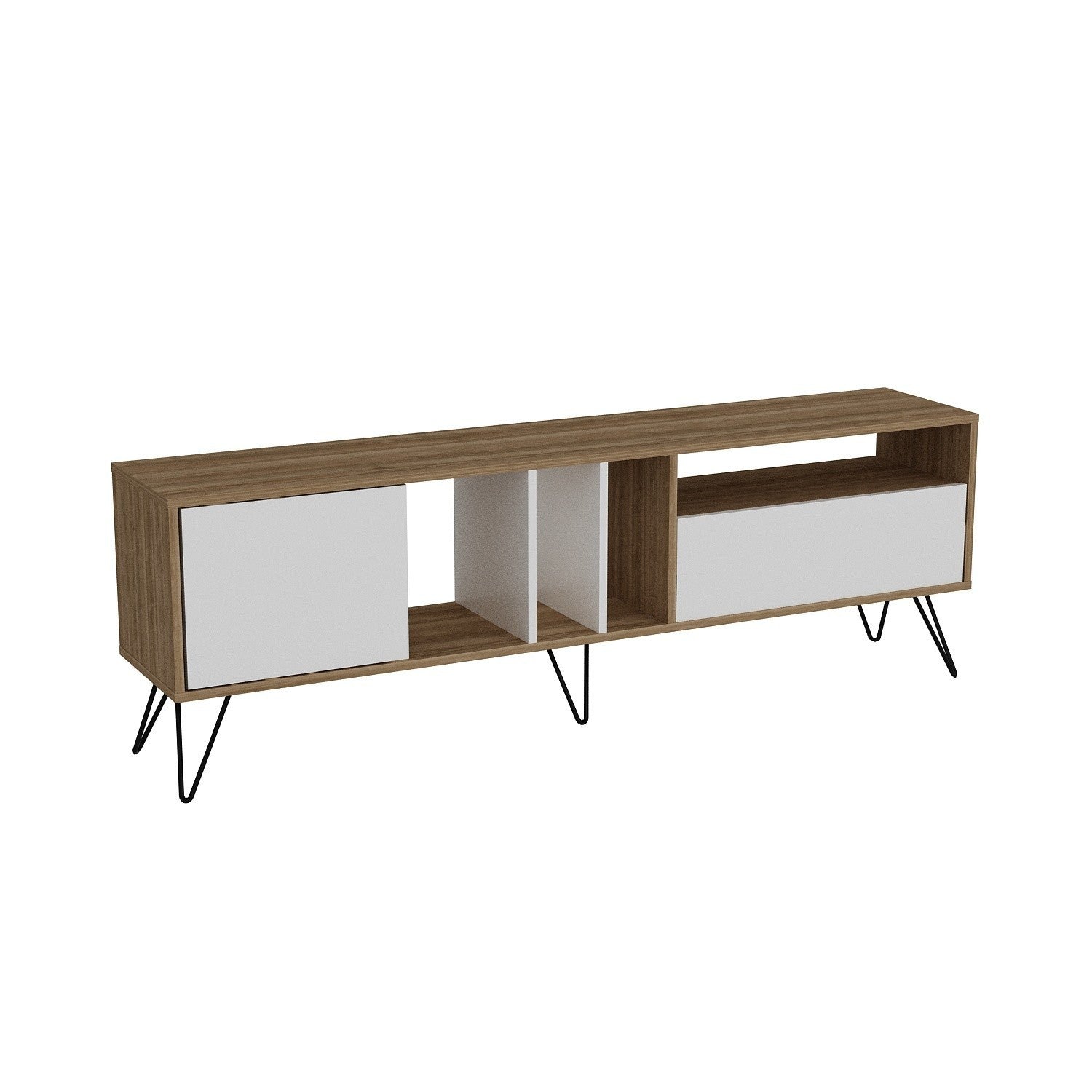 Suporte de TV moderno com pernas de metal, nogueira e preto/branco, 180 cm | 100% revestido em melamina, 18 mm de espessura | Montável na parede, várias prateleiras, solução de armazenamento elegante