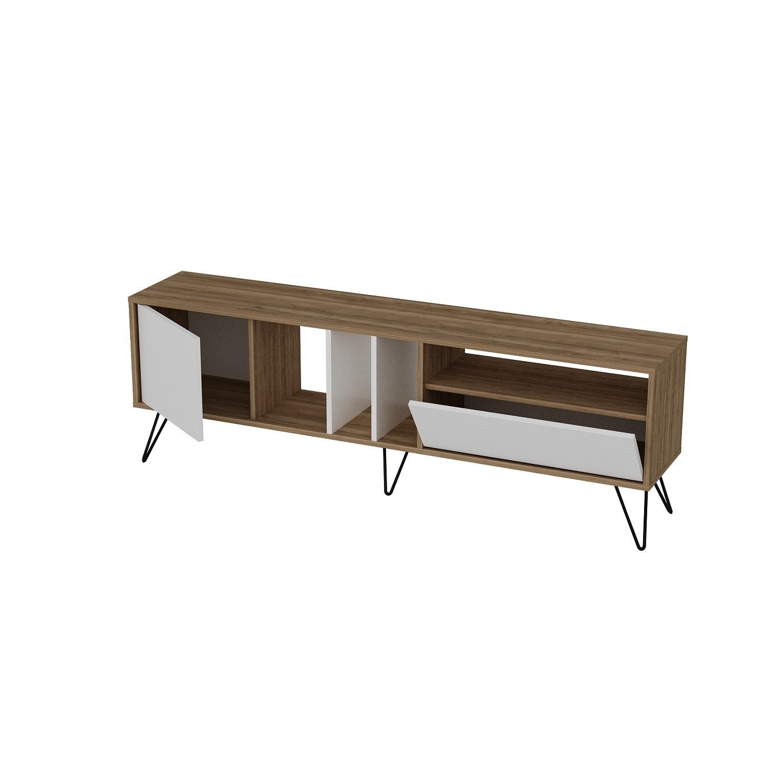 Suporte de TV moderno com pernas de metal, nogueira e preto/branco, 180 cm | 100% revestido em melamina, 18 mm de espessura | Montável na parede, várias prateleiras, solução de armazenamento elegante