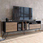 Suporte de TV moderno com pés de metal, nogueira e preto, 180 cm | Painel de partículas 100% revestido de melamina, 18 mm | Montável na parede, várias prateleiras, elegante e funcional