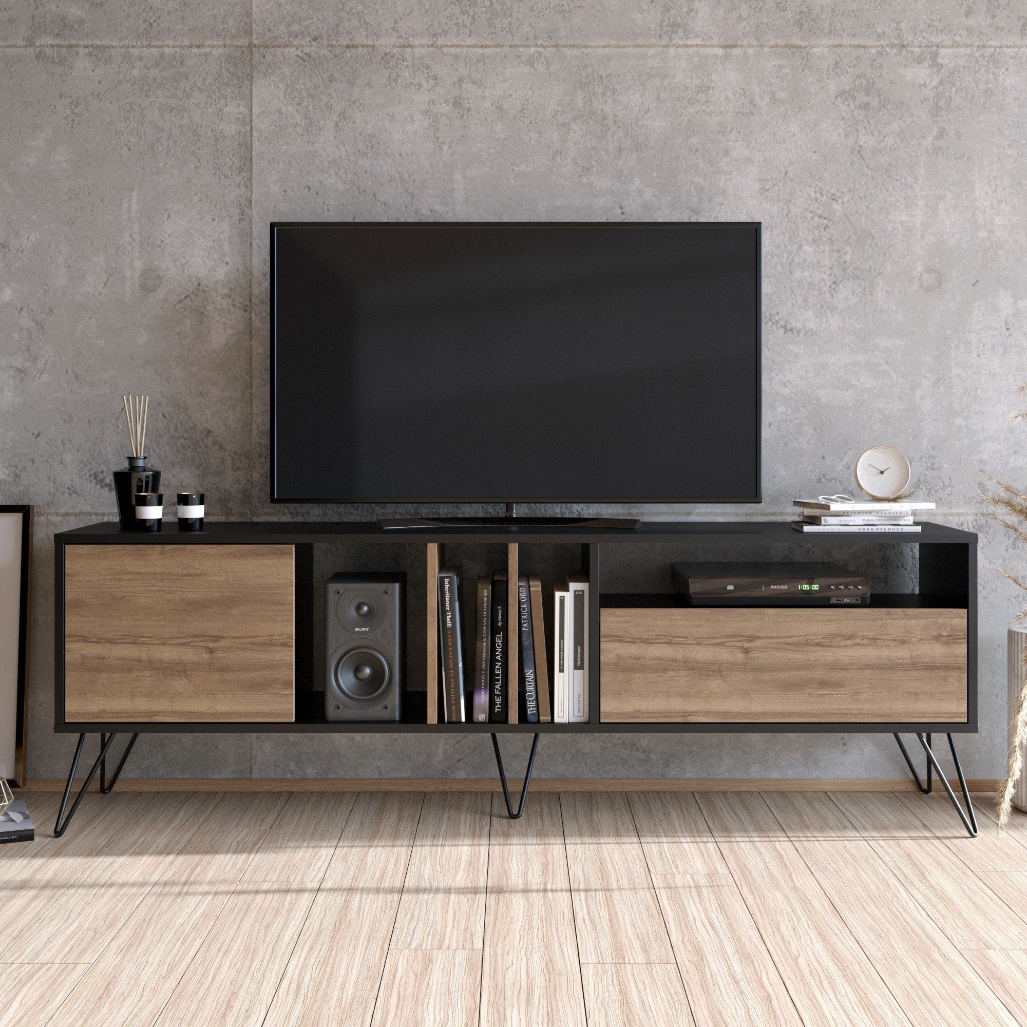 Suporte de TV moderno com pés de metal, nogueira e preto, 180 cm | Painel de partículas 100% revestido de melamina, 18 mm | Montável na parede, várias prateleiras, elegante e funcional