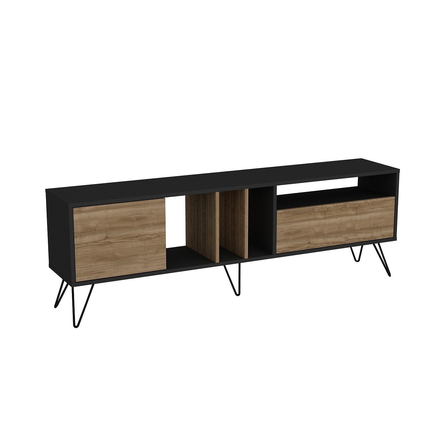 Suporte de TV moderno com pés de metal, nogueira e preto, 180 cm | Painel de partículas 100% revestido de melamina, 18 mm | Montável na parede, várias prateleiras, elegante e funcional