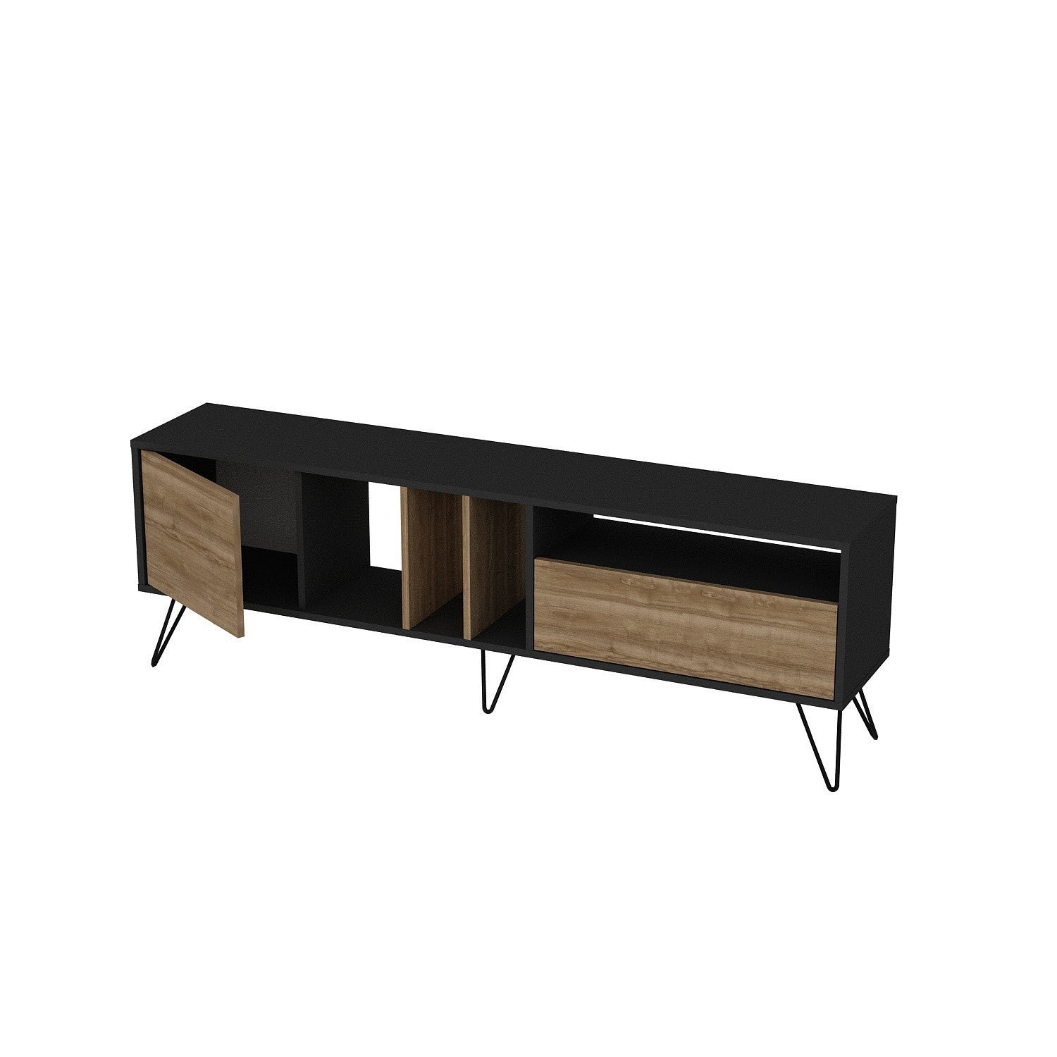 Suporte de TV moderno com pés de metal, nogueira e preto, 180 cm | Painel de partículas 100% revestido de melamina, 18 mm | Montável na parede, várias prateleiras, elegante e funcional