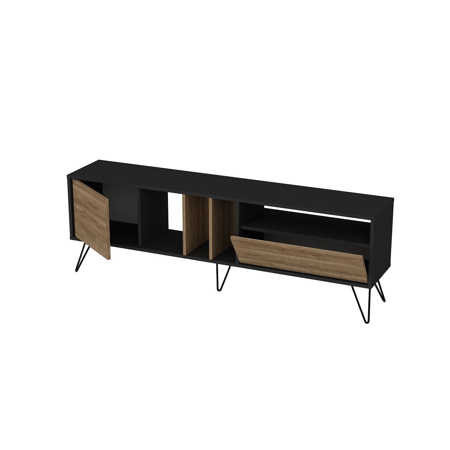 Suporte de TV moderno com pés de metal, nogueira e preto, 180 cm | Painel de partículas 100% revestido de melamina, 18 mm | Montável na parede, várias prateleiras, elegante e funcional