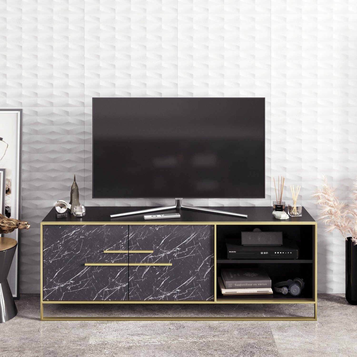 Móvel de TV com padrão de mármore dourado e preto, 160 cm | Painel de partículas 100% revestido de melamina, 18 mm de espessura | Montável na parede, várias prateleiras, design barroco glamouroso