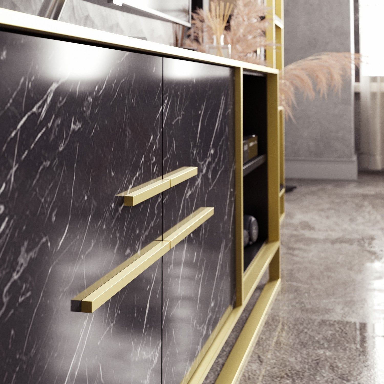 Móvel de TV com padrão de mármore dourado e preto, 160 cm | Painel de partículas 100% revestido de melamina, 18 mm de espessura | Montável na parede, várias prateleiras, design barroco glamouroso