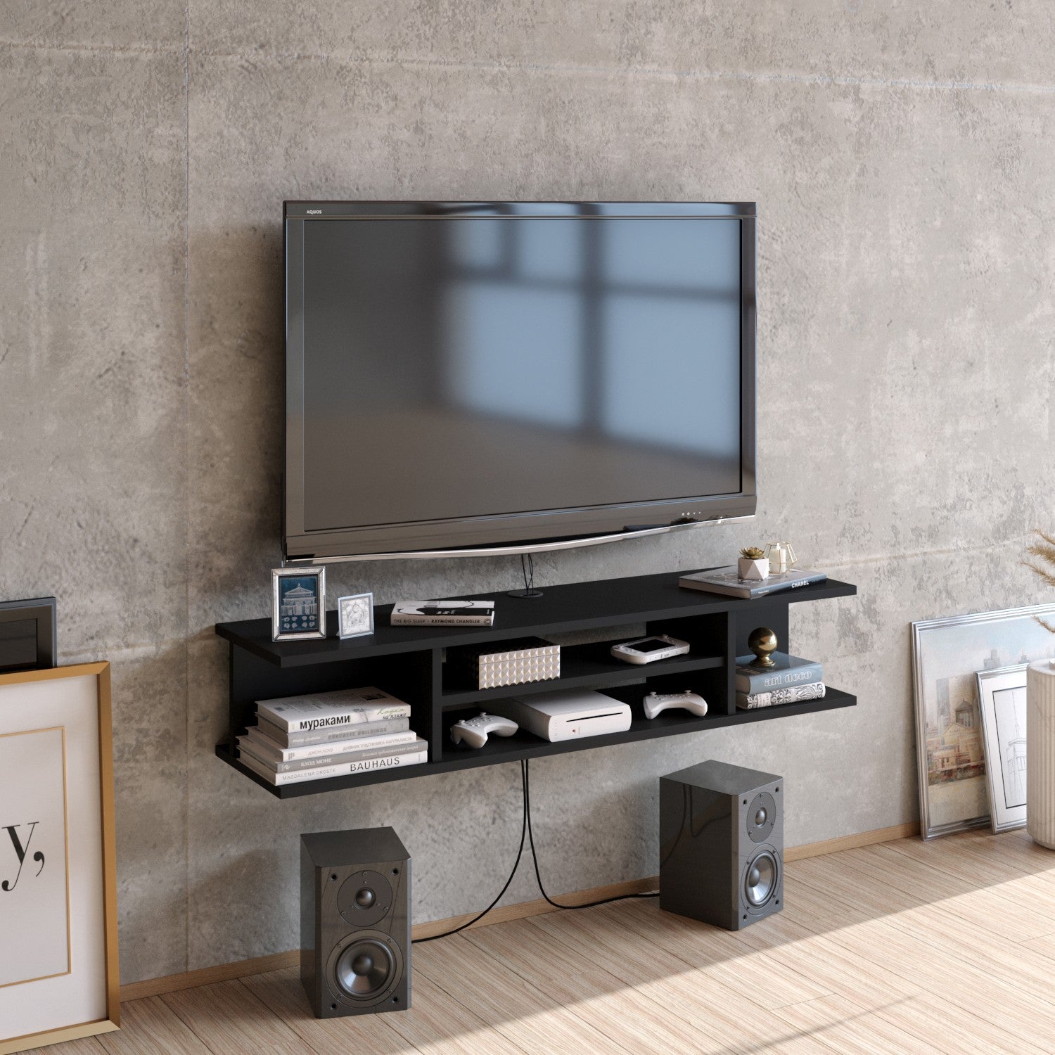Suporte de TV moderno preto, 120 cm | Painel de partículas 100% revestido em melamina, 18 mm de espessura | Montável na parede, várias prateleiras, design elegante e funcional