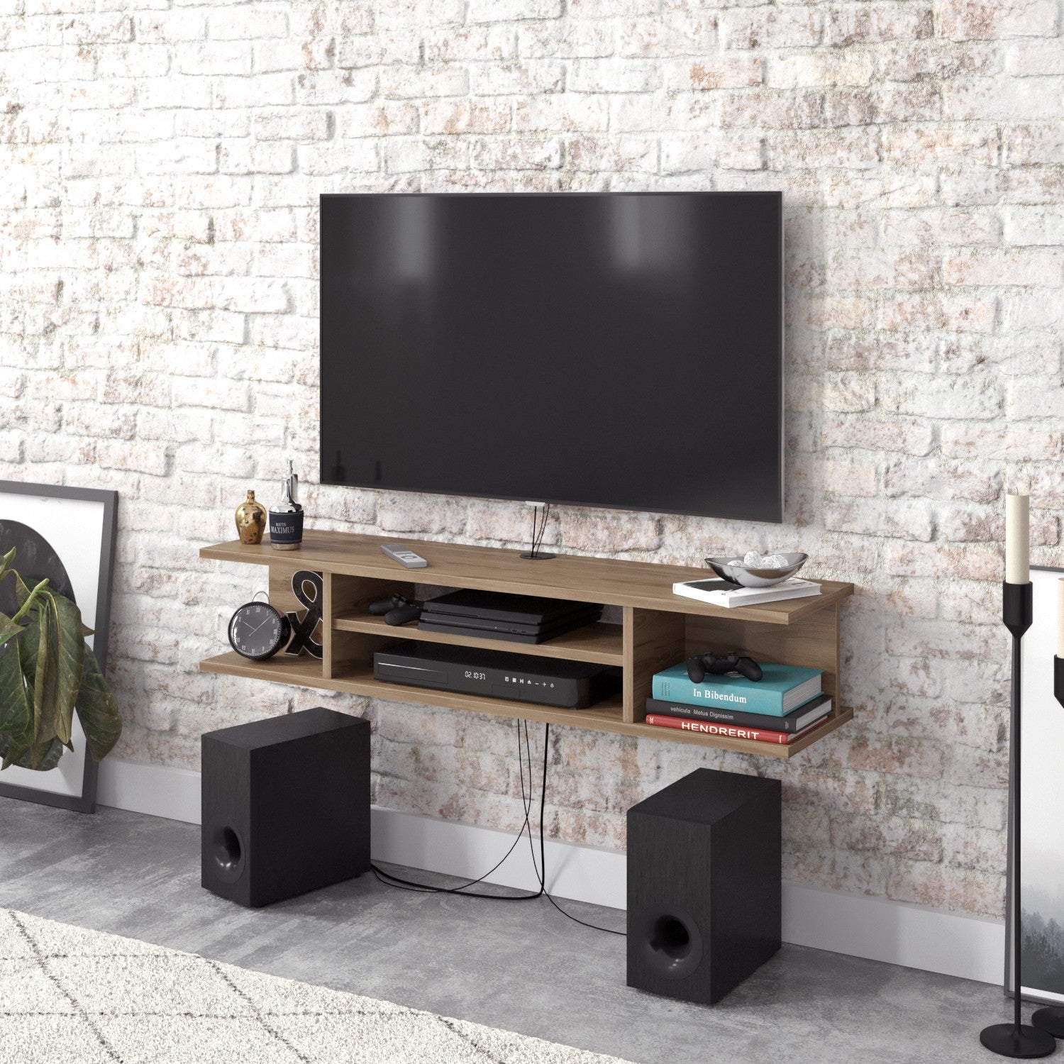 Suporte de TV moderno em nogueira, 120 cm | Painel de partículas 100% revestido em melamina, 18 mm de espessura | Montável na parede, com várias prateleiras, design elegante e funcional