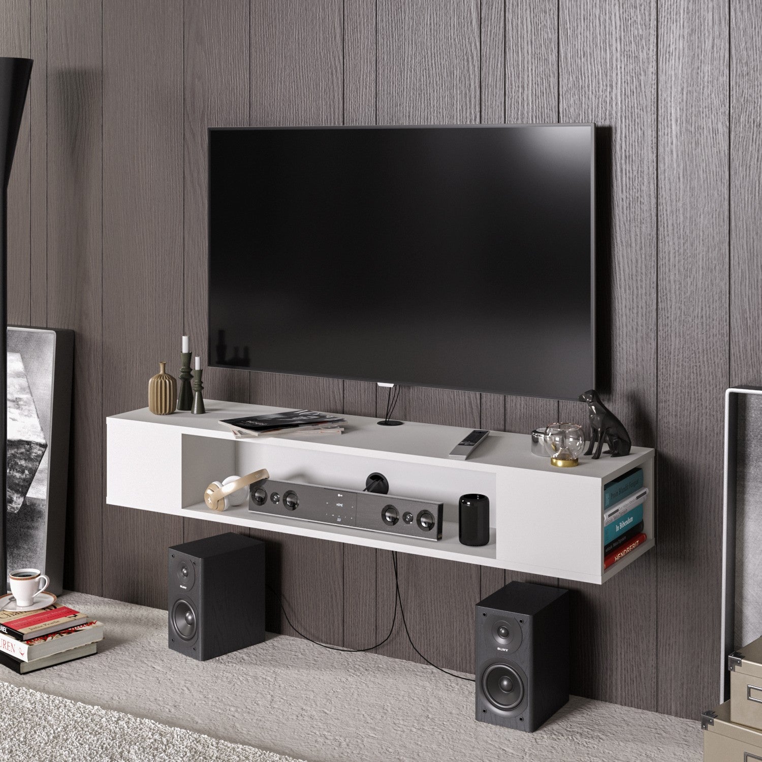 Suporte de TV moderno branco, 135 cm de largura, 100% revestido em melamina, 18 mm de espessura | Montável na parede, com várias prateleiras, design elegante e funcional para sala de estar