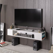 Suporte de TV moderno branco, 135 cm de largura, 100% revestido em melamina, 18 mm de espessura | Montável na parede, com várias prateleiras, design elegante e funcional para sala de estar