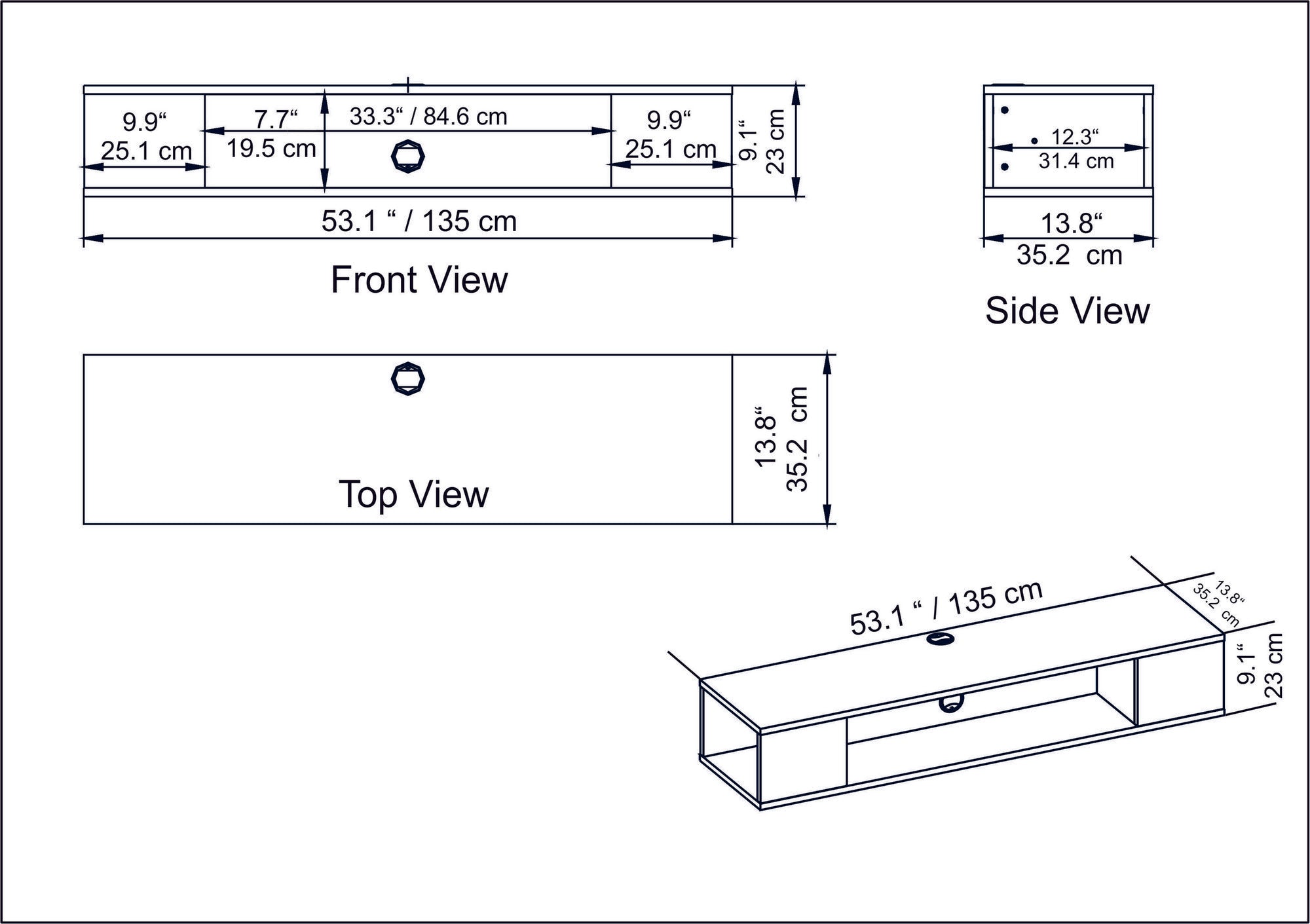 Suporte de TV moderno branco, 135 cm de largura, 100% revestido em melamina, 18 mm de espessura | Montável na parede, com várias prateleiras, design elegante e funcional para sala de estar