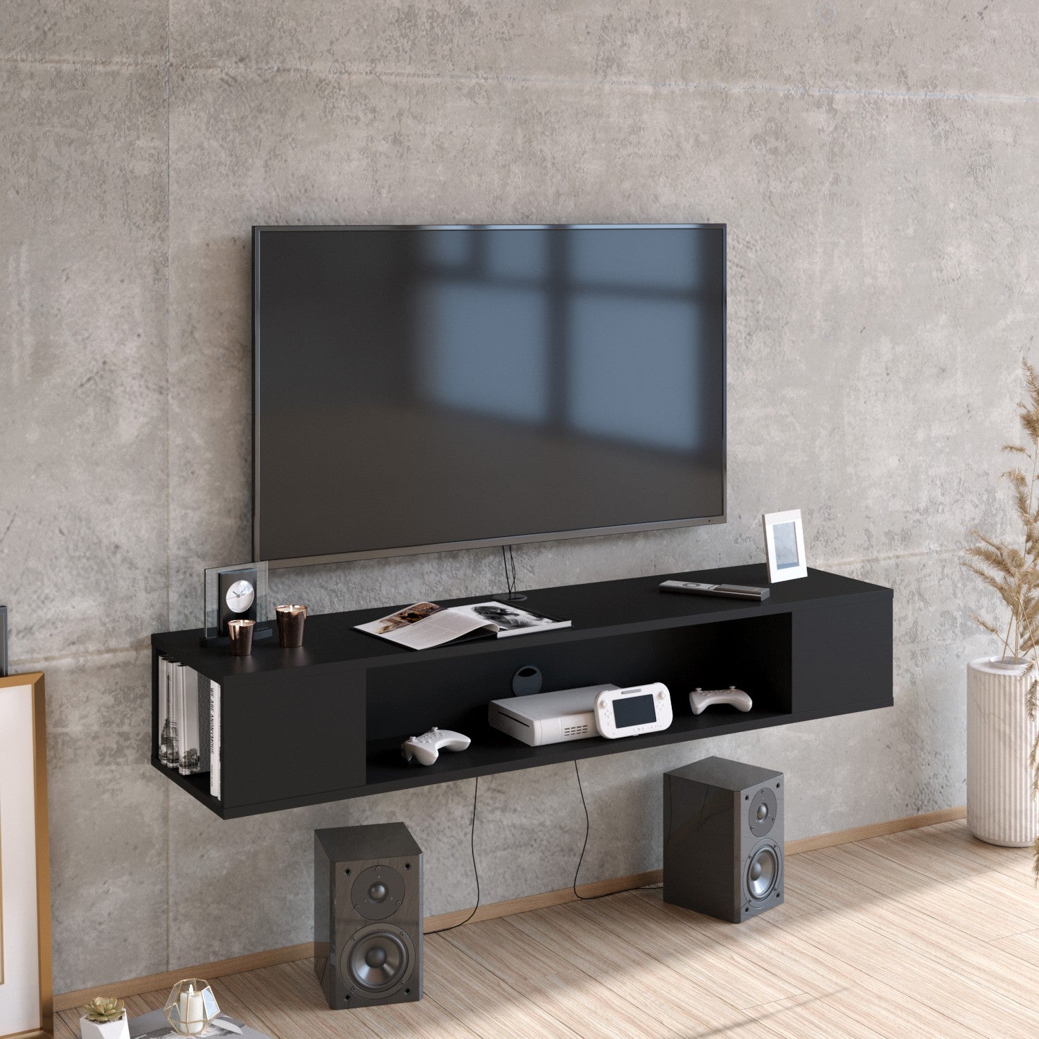 Suporte de TV moderno preto, 135 cm de largura, 100% revestido em melamina, 18 mm de espessura | Montável na parede, com várias prateleiras, solução de armazenamento elegante e funcional