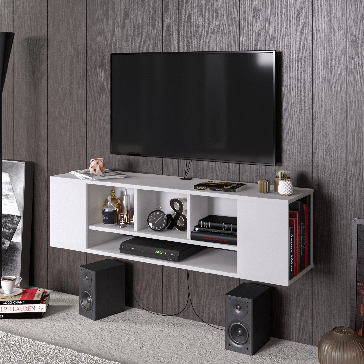 Suporte de TV moderno branco, 135 cm | Painel de partículas 100% revestido em melamina, 18 mm de espessura | Montável na parede, várias prateleiras, design elegante e funcional