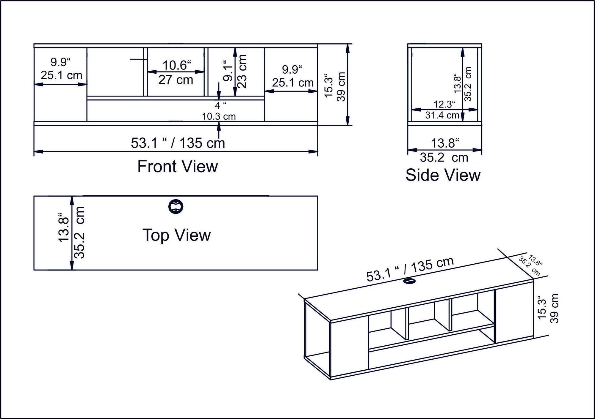 Suporte de TV moderno branco, 135 cm | Painel de partículas 100% revestido em melamina, 18 mm de espessura | Montável na parede, várias prateleiras, design elegante e funcional