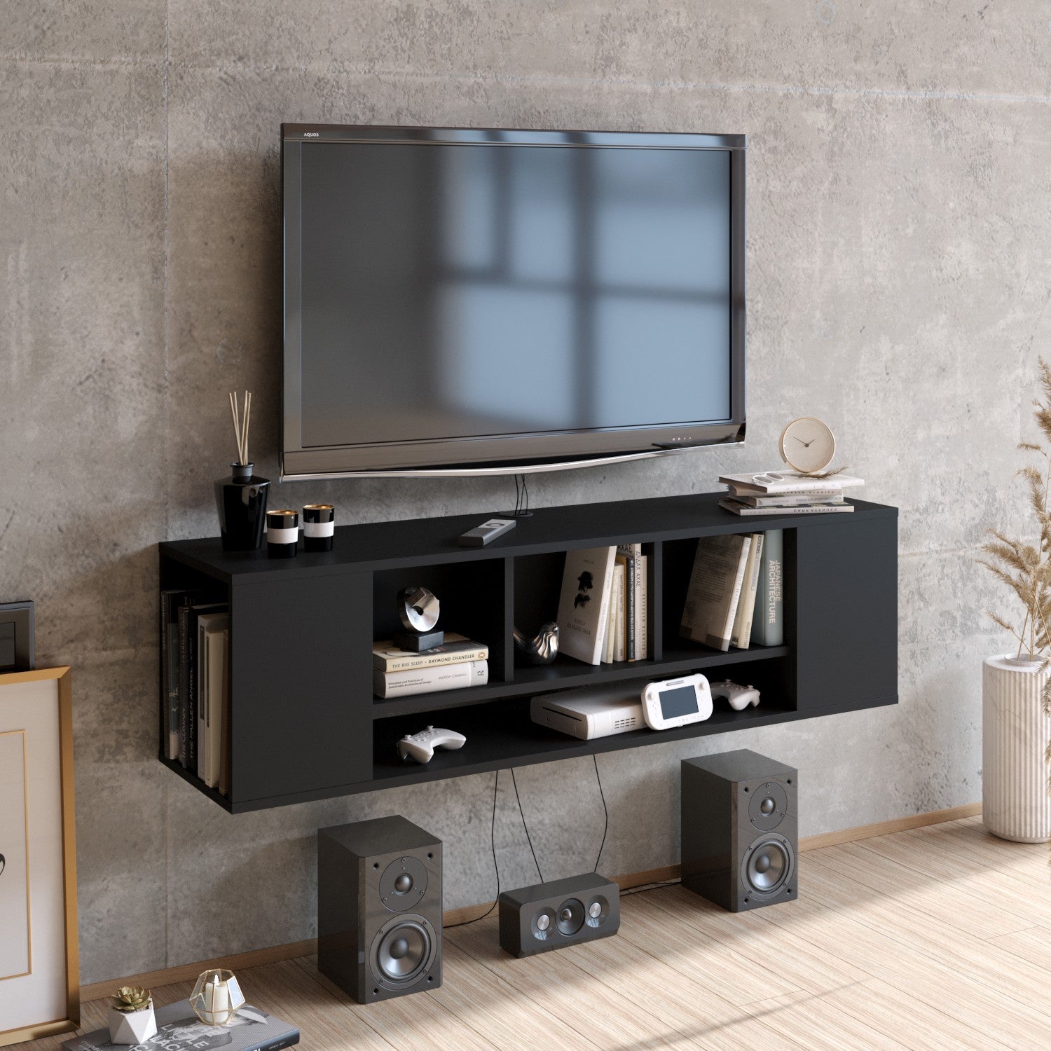 Suporte de TV moderno preto, 135 cm de largura, 100% revestido em melamina, 18 mm de espessura | Montável na parede, com várias prateleiras para armazenamento extra | Design elegante e funcional