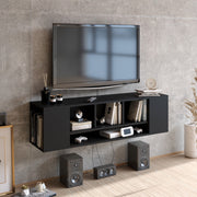 Suporte de TV moderno preto, 135 cm de largura, 100% revestido em melamina, 18 mm de espessura | Montável na parede, com várias prateleiras para armazenamento extra | Design elegante e funcional