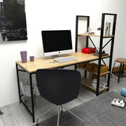 Secretária de Estudo/Escritório moderna com estante, carvalho e preto, 160 x 148 x 60 cm | 100% revestida em melamina, estrutura de metal, várias prateleiras para armazenamento extra