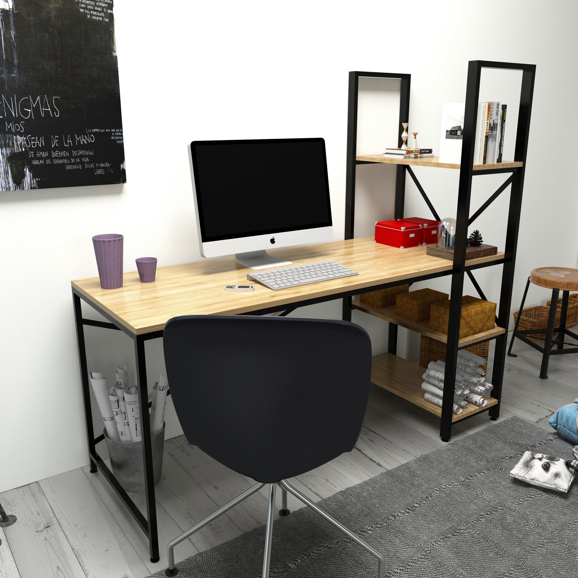 Secretária de Estudo/Escritório moderna com estante, carvalho e preto, 160 x 148 x 60 cm | 100% revestida em melamina, estrutura de metal, várias prateleiras para armazenamento extra