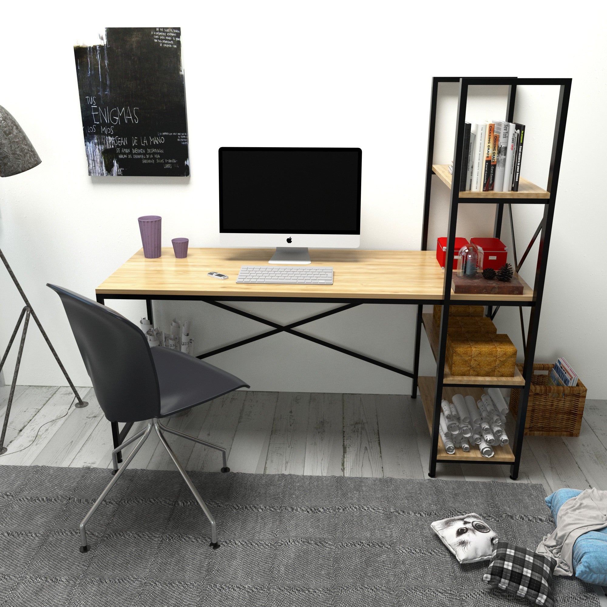 Secretária de Estudo/Escritório moderna com estante, carvalho e preto, 160 x 148 x 60 cm | 100% revestida em melamina, estrutura de metal, várias prateleiras para armazenamento extra