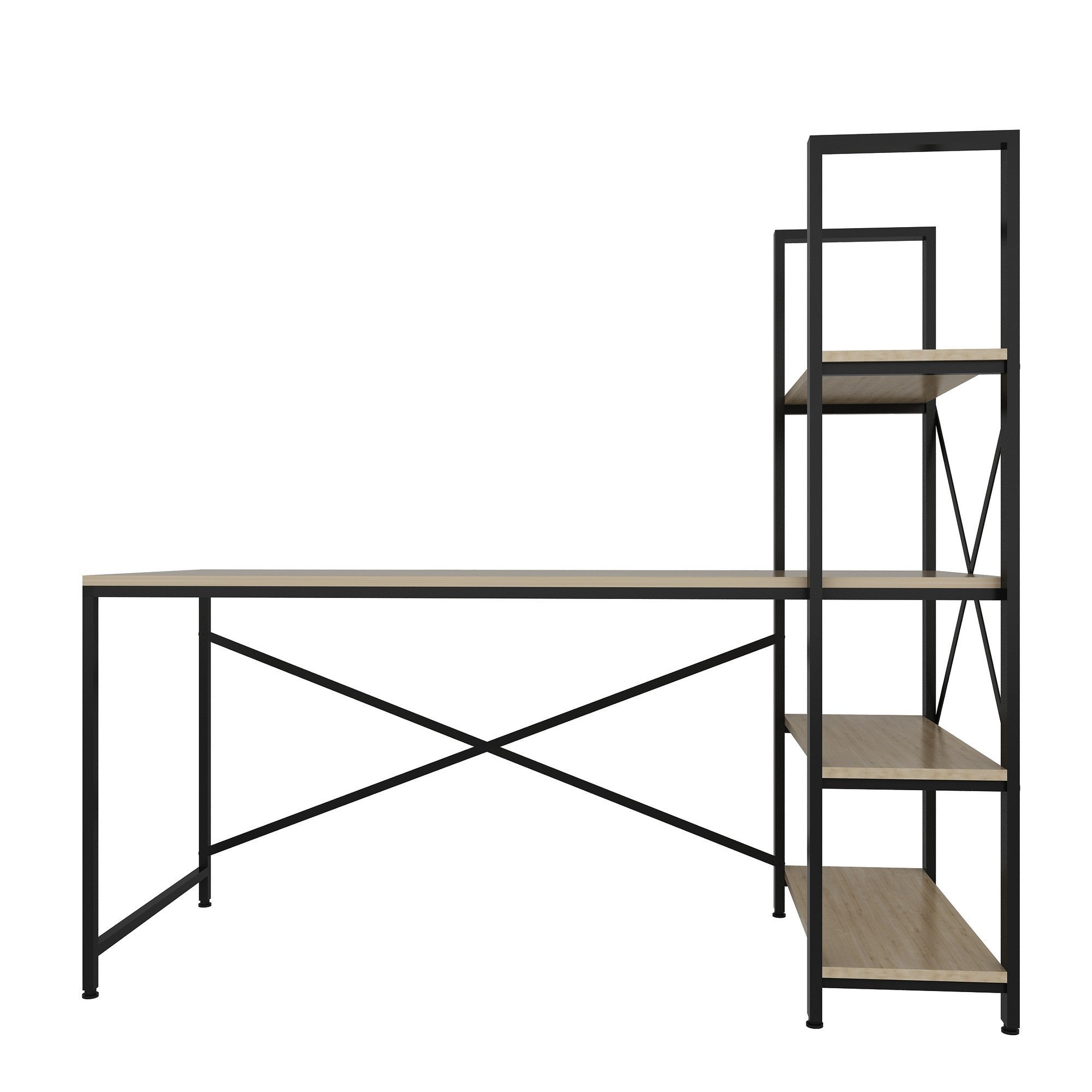 Secretária de Estudo/Escritório moderna com estante, carvalho e preto, 160 x 148 x 60 cm | 100% revestida em melamina, estrutura de metal, várias prateleiras para armazenamento extra