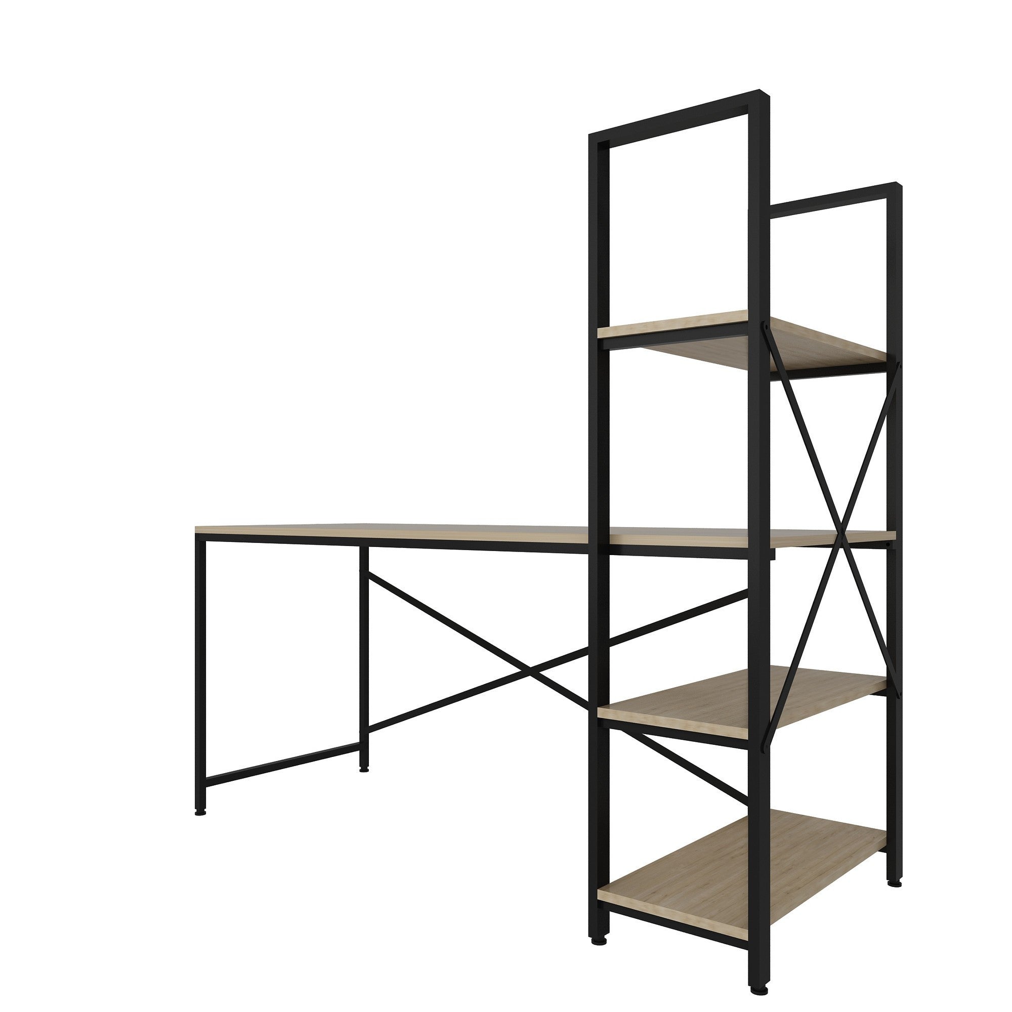 Secretária de Estudo/Escritório moderna com estante, carvalho e preto, 160 x 148 x 60 cm | 100% revestida em melamina, estrutura de metal, várias prateleiras para armazenamento extra