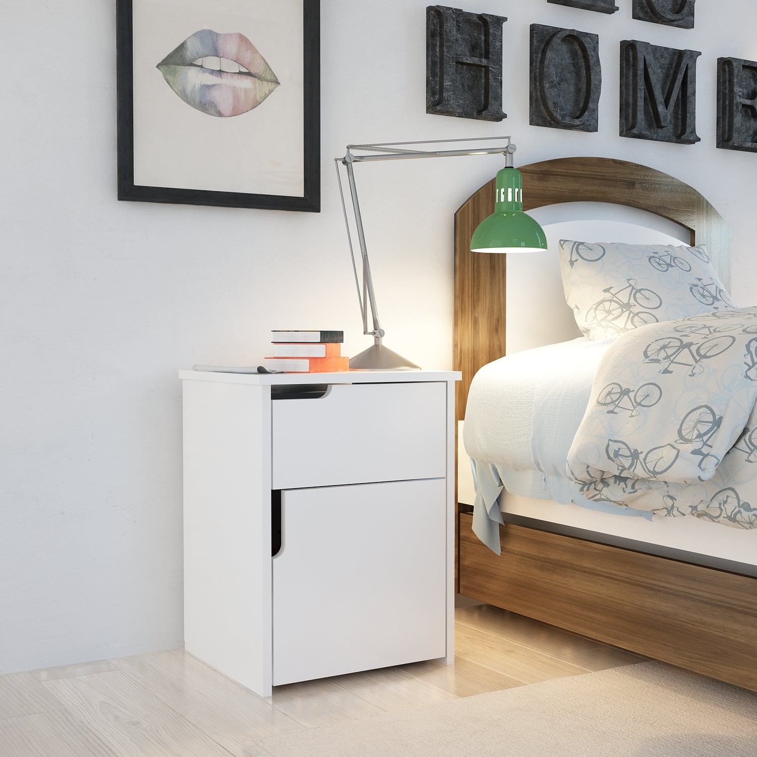 Mesa de cabeceira branca moderna com 1 gaveta e várias prateleiras, 45 x 60 x 40 cm | Painel de partículas 100% revestido de melamina, 18 mm de espessura | Armazenamento elegante para decoração escandinava e hoteleira