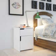 Mesa de cabeceira branca moderna com 1 gaveta e várias prateleiras, 45 x 60 x 40 cm | Painel de partículas 100% revestido de melamina, 18 mm de espessura | Armazenamento elegante para decoração escandinava e hoteleira