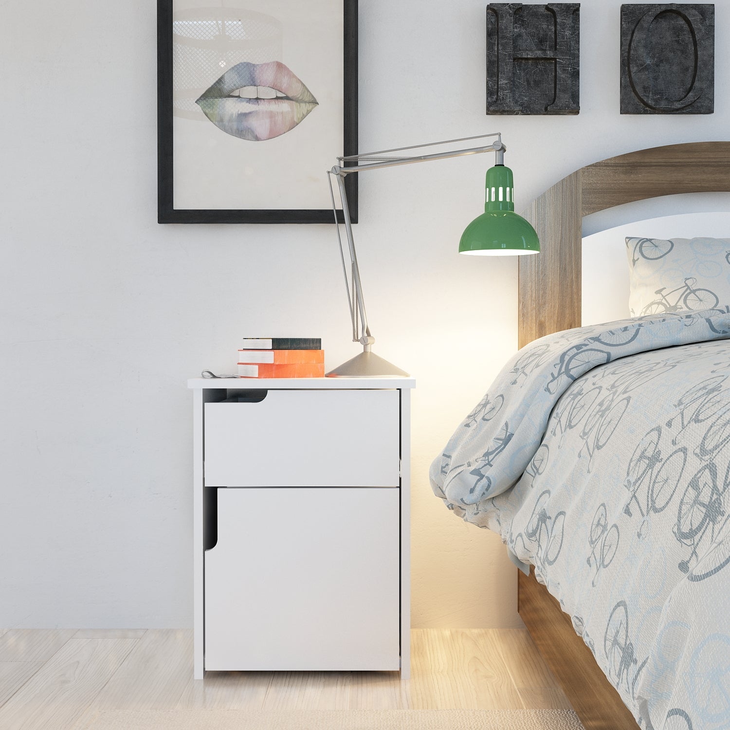 Mesa de cabeceira branca moderna com 1 gaveta e várias prateleiras, 45 x 60 x 40 cm | Painel de partículas 100% revestido de melamina, 18 mm de espessura | Armazenamento elegante para decoração escandinava e hoteleira