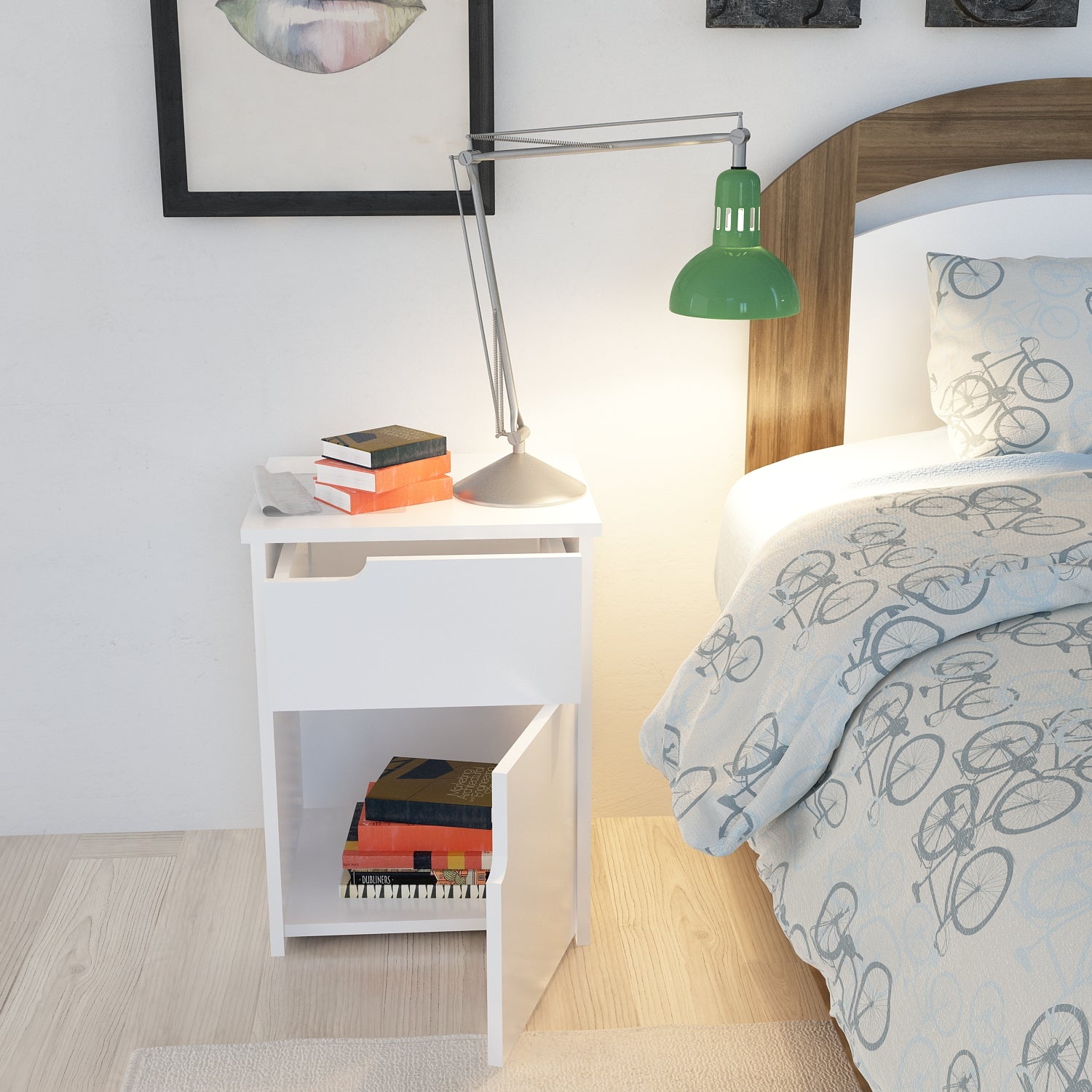 Mesa de cabeceira branca moderna com 1 gaveta e várias prateleiras, 45 x 60 x 40 cm | Painel de partículas 100% revestido de melamina, 18 mm de espessura | Armazenamento elegante para decoração escandinava e hoteleira