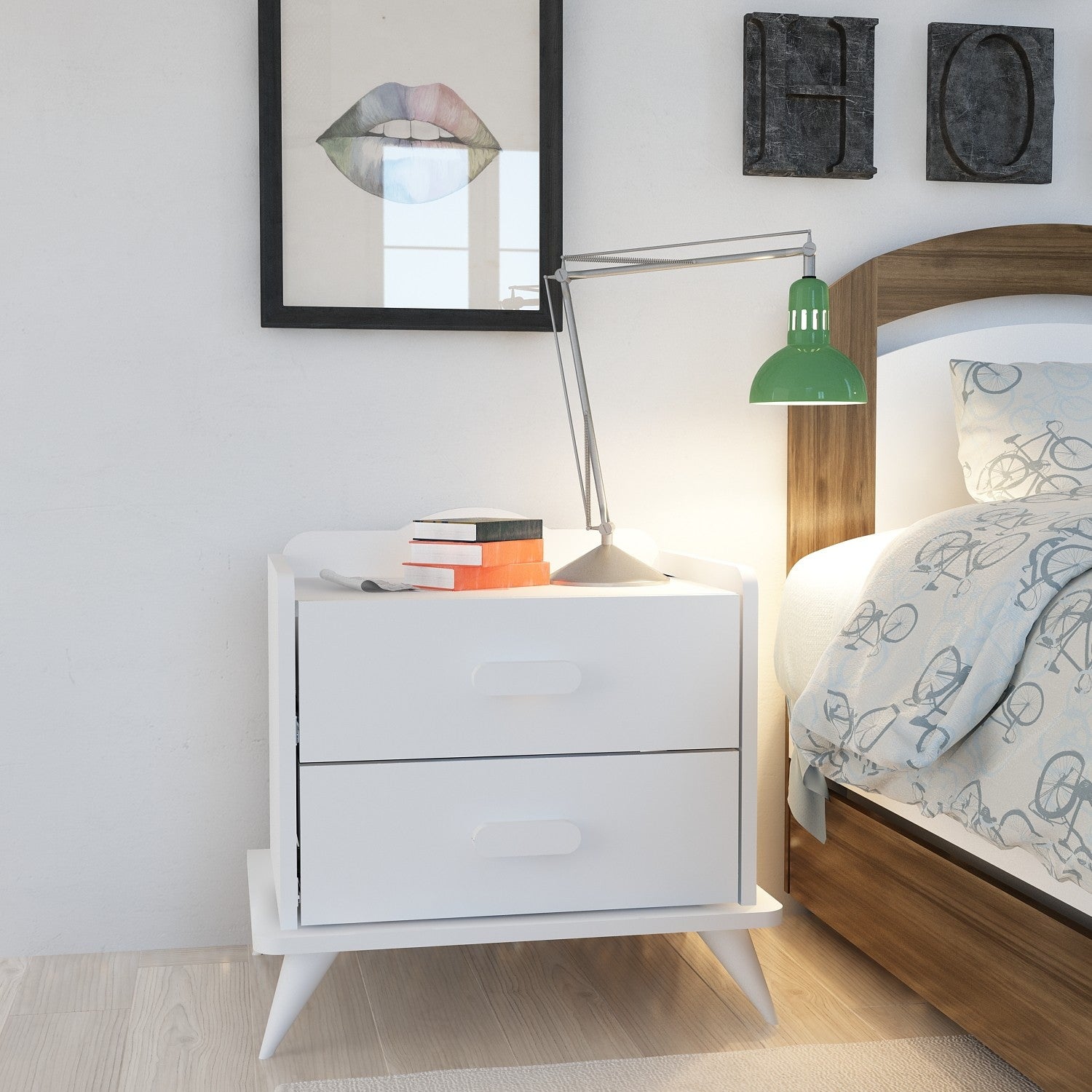 Mesa de cabeceira branca moderna com 2 gavetas e prateleiras, 60 x 58,6 x 42,1 cm | Painel de partículas 100% revestido de melamina, 18 mm de espessura | Design escandinavo elegante para residências e hotéis
