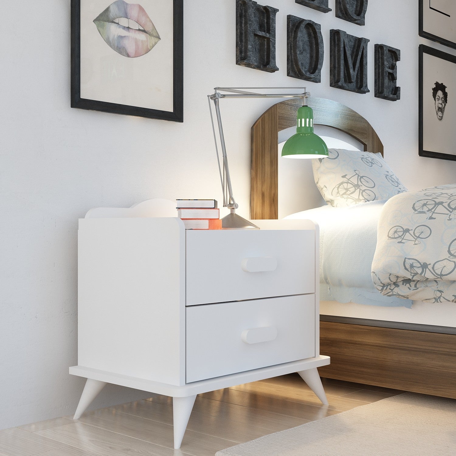 Mesa de cabeceira branca moderna com 2 gavetas e prateleiras, 60 x 58,6 x 42,1 cm | Painel de partículas 100% revestido de melamina, 18 mm de espessura | Design escandinavo elegante para residências e hotéis