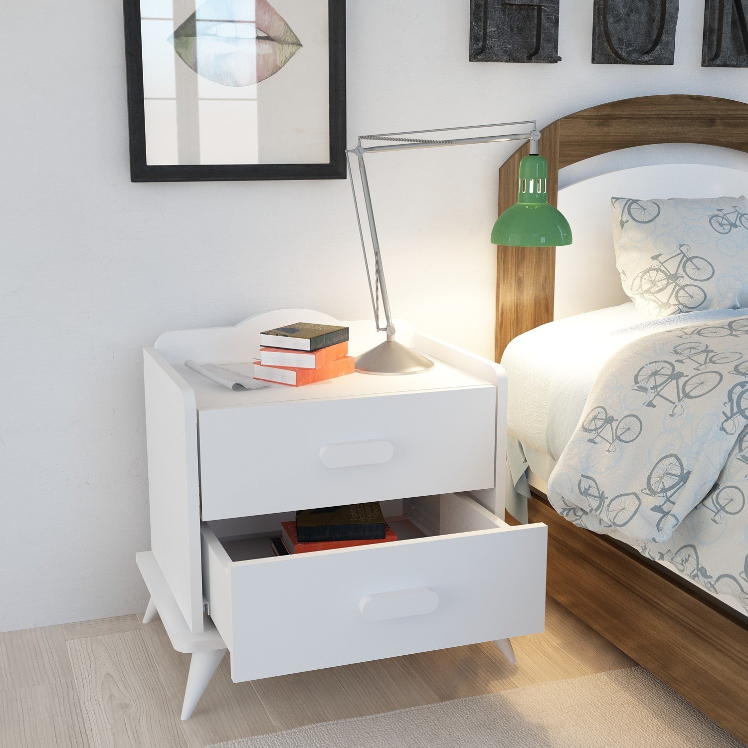 Mesa de cabeceira branca moderna com 2 gavetas e prateleiras, 60 x 58,6 x 42,1 cm | Painel de partículas 100% revestido de melamina, 18 mm de espessura | Design escandinavo elegante para residências e hotéis