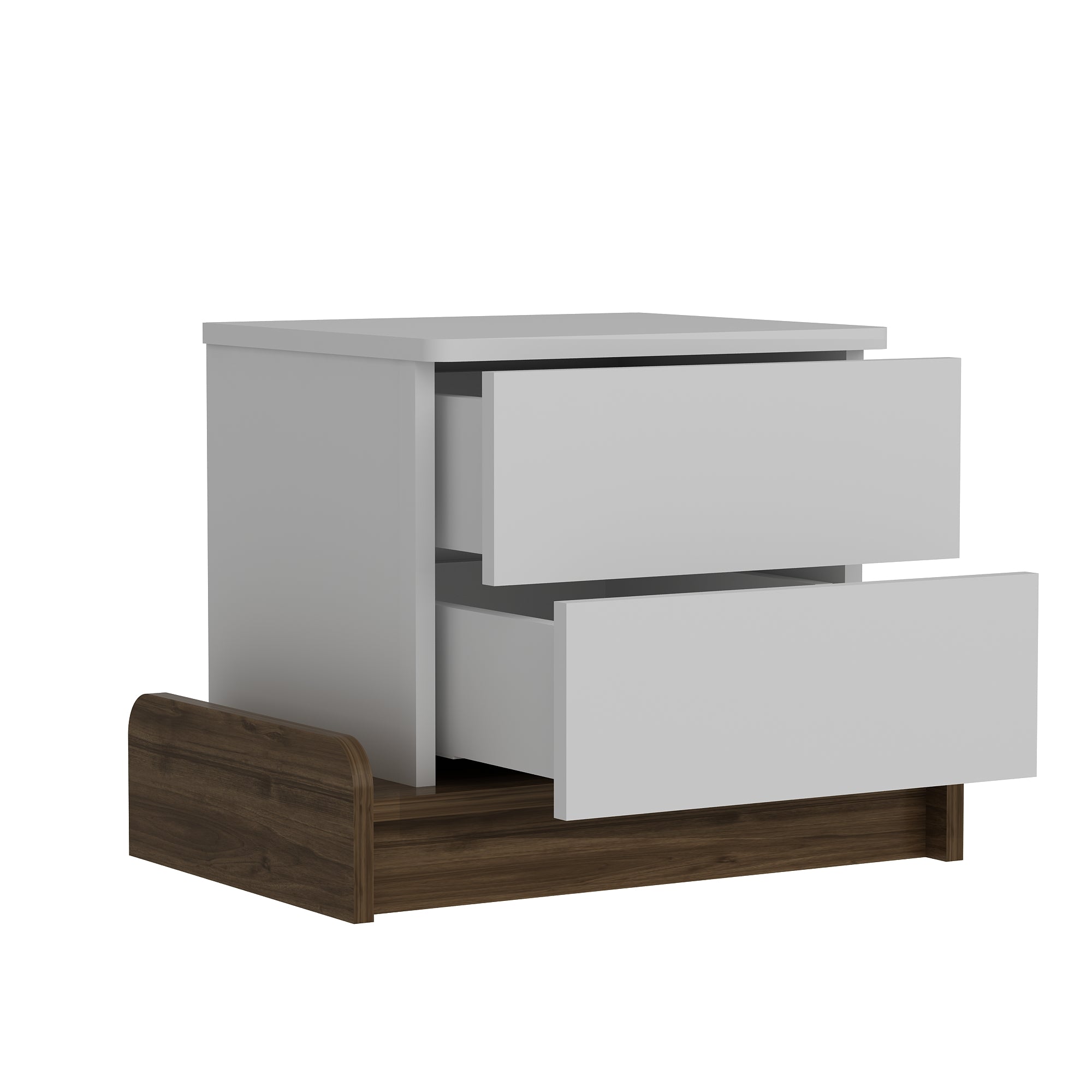 Mesa de Cabeceira Moderna com 2 Gavetas e Prateleiras, Branca e Nogueira, 60 x 46 x 40 cm | Painel de Partículas 100% Revestido com Melamina, 18 mm de Espessura | Armazenamento Elegante para Casa e Hotel