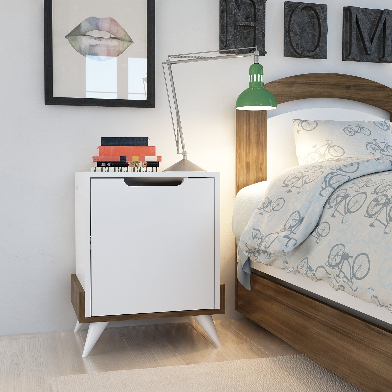 Mesa de Cabeceira Moderna com Prateleiras, Branca e Nogueira, 48,6 x 60 x 35 cm | Painel de Partículas 100% Revestido com Melamina, 18 mm de Espessura | Armazenamento Elegante para Casa e Hotel