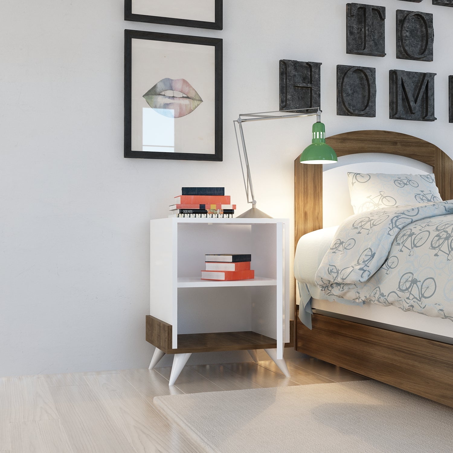 Mesa de Cabeceira Moderna com Prateleiras, Branca e Nogueira, 48,6 x 60 x 35 cm | Painel de Partículas 100% Revestido com Melamina, 18 mm de Espessura | Armazenamento Elegante para Casa e Hotel