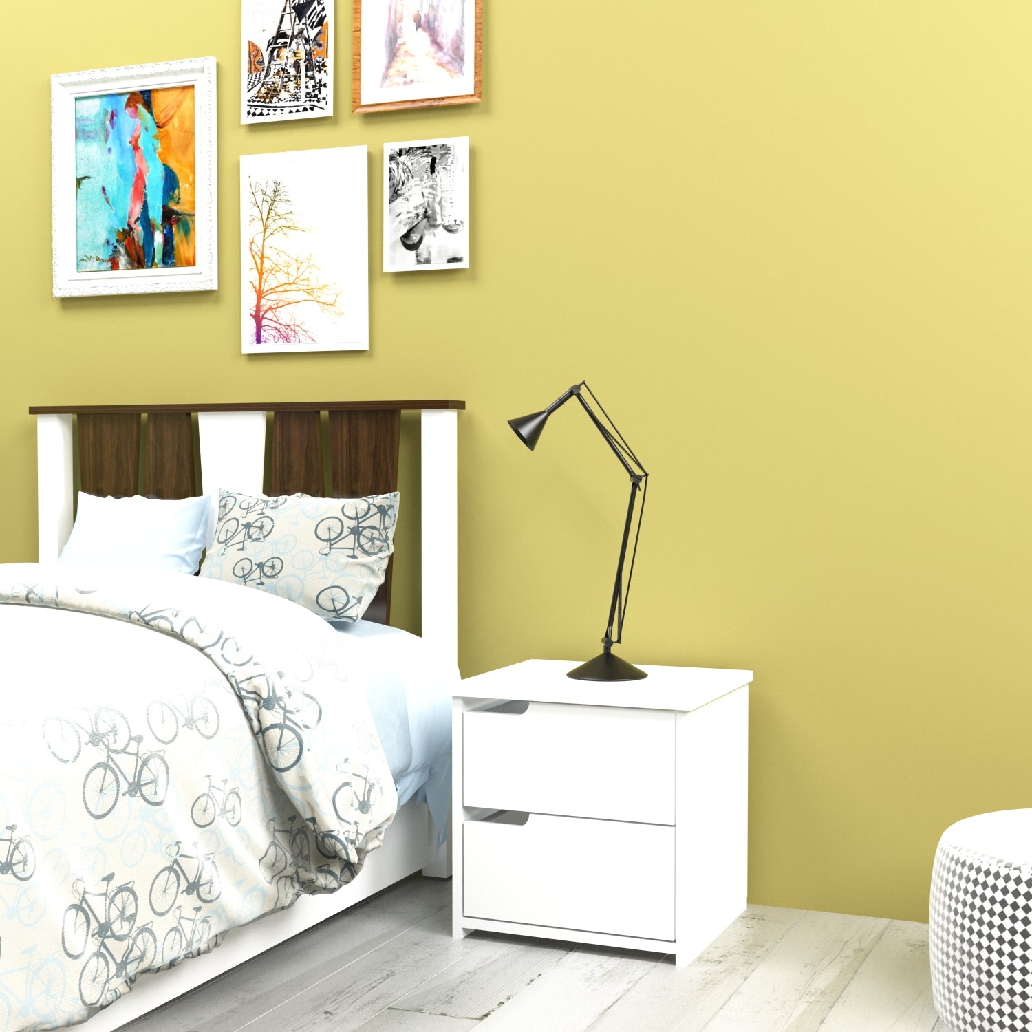 Mesa de cabeceira branca moderna com 2 gavetas e prateleiras, 45 x 45 x 40 cm | Painel de partículas 100% revestido de melamina, 18 mm de espessura | Armazenamento elegante para casa e hotel