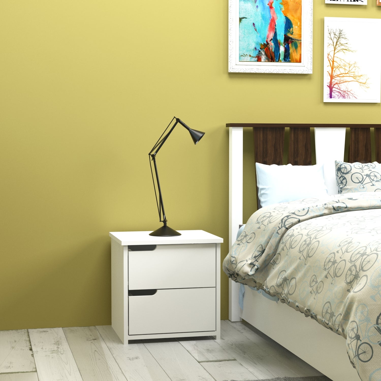 Mesa de cabeceira branca moderna com 2 gavetas e prateleiras, 45 x 45 x 40 cm | Painel de partículas 100% revestido de melamina, 18 mm de espessura | Armazenamento elegante para casa e hotel